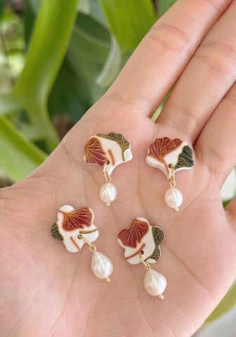 Festive Ginkgo Leaves - Ginkgo Studs with Pearls/Flower Studs with Pearls