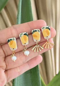 Zesty Lemons - Trapezoid Stud with Gold Fans/Flowers Pearls