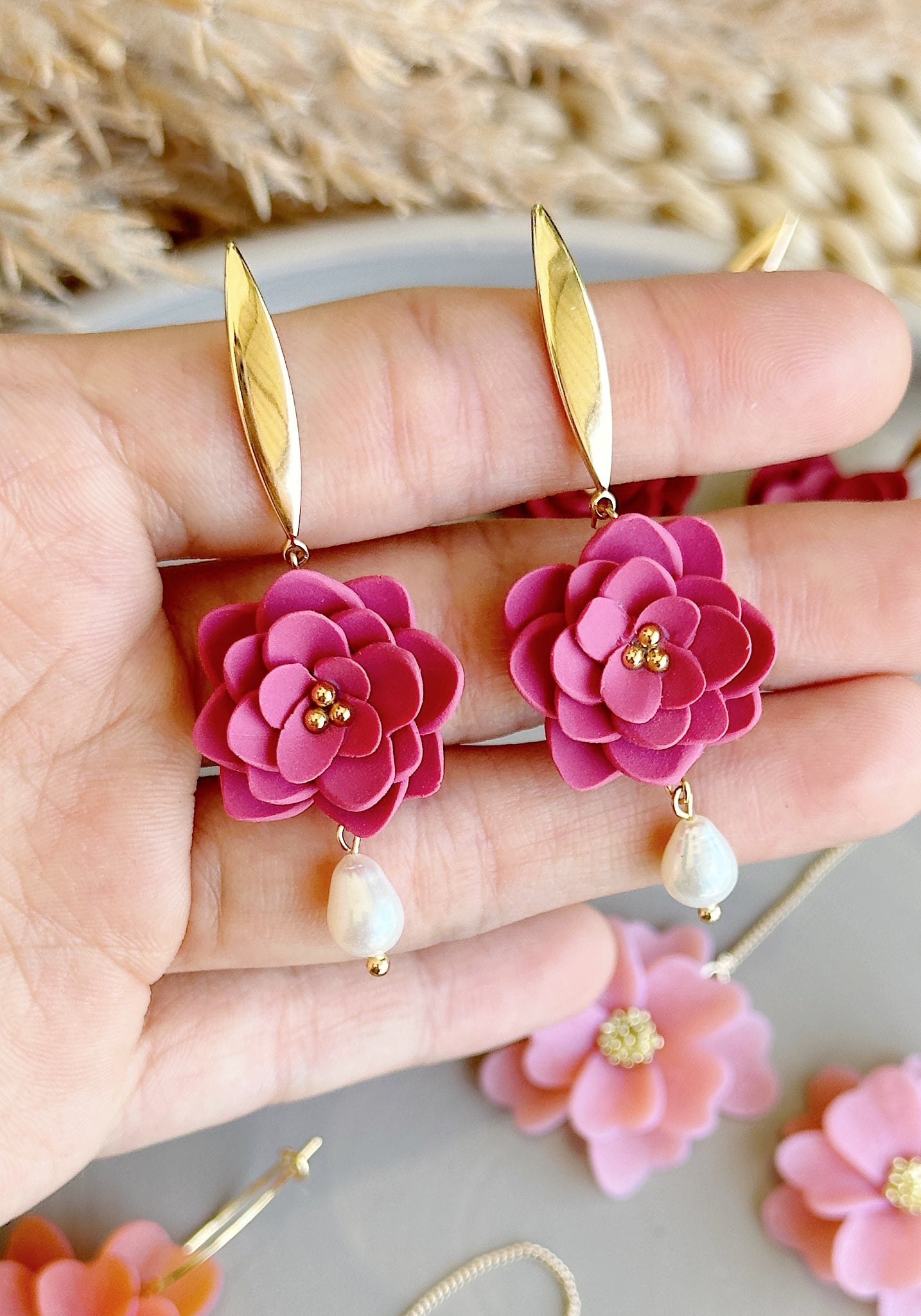 Lunar Blossoms - Long Gold Bar with Freshwater Pearls (Deep Pink)