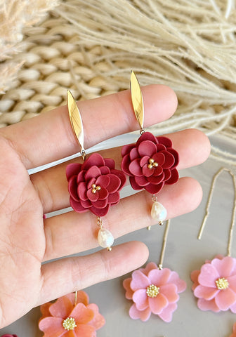 Lunar Blossoms - Long Gold Bar with Freshwater Pearls (Deep red)