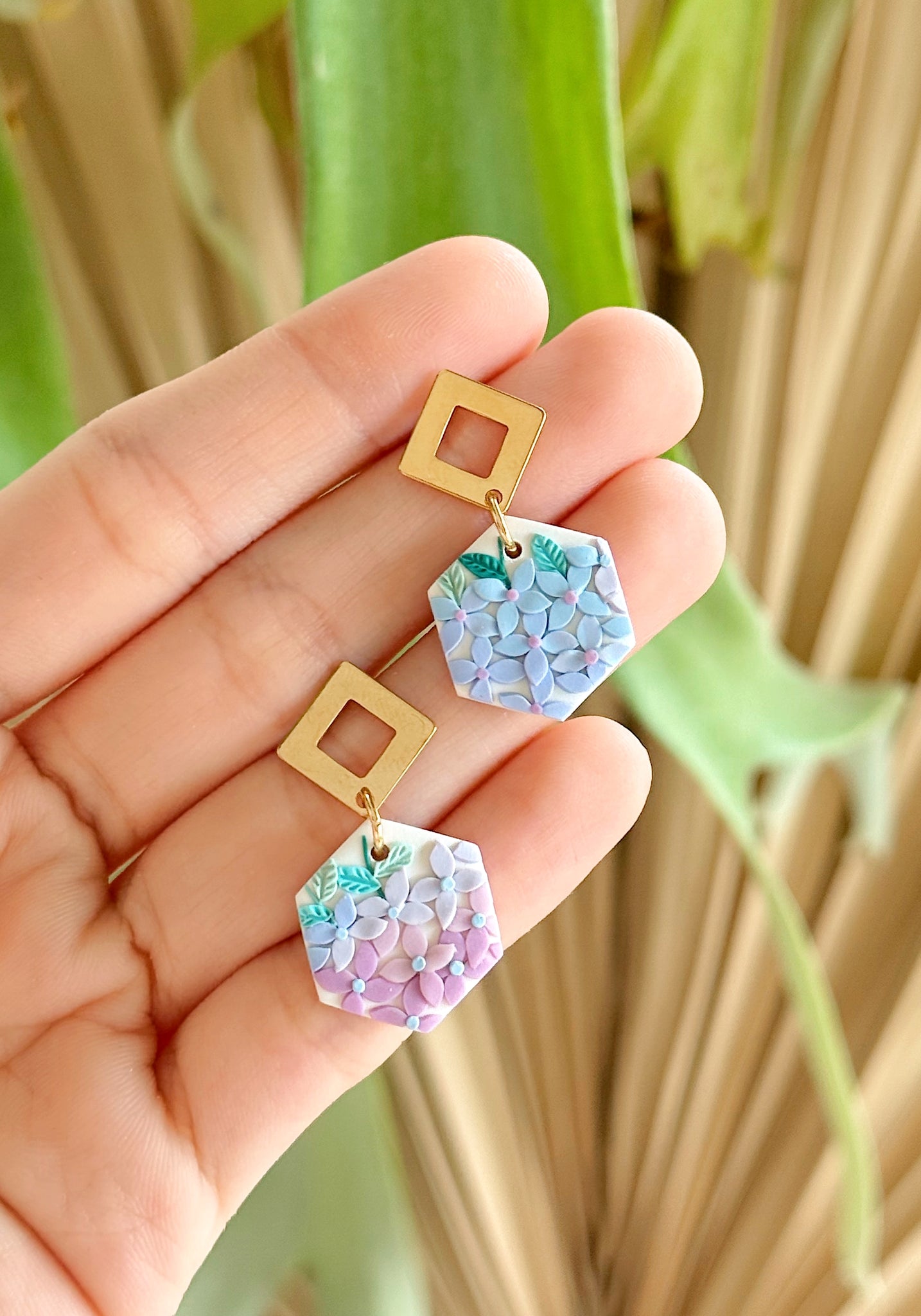 Pastel Hydrangeas - Hollow Hexagon Dangles