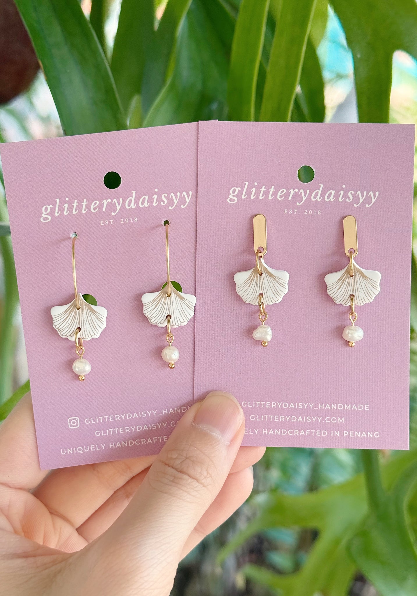 Fine Lines Ginkgo (Hoops/Dangles with Freshwater Pearls)