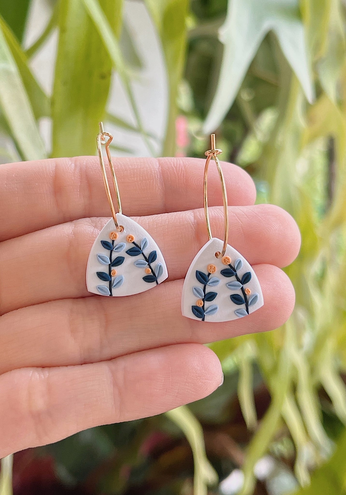 Blue Leaves - Rounded Triangle Hoops