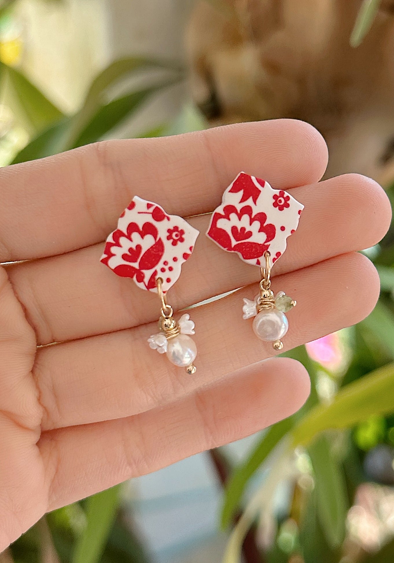 Red Lunar - Mini 4 Petal Studs with Floral Pearls