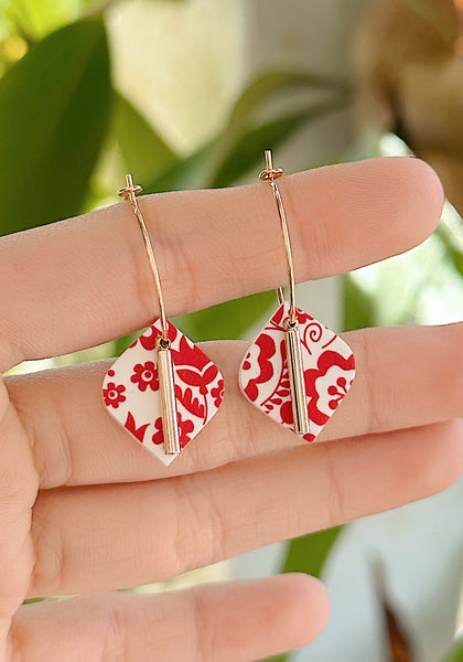 Red Lunar - Pointed Leaf Hoops with Gold Bar